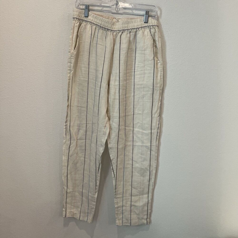 C&C California M Wide Leg Linen Blend Striped Pants Cream Multi Pockets Boho